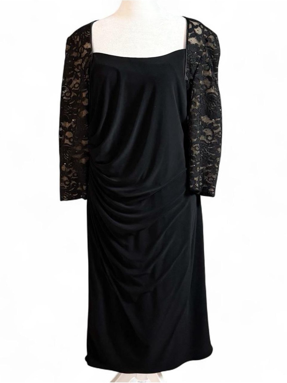 Alex Evenings Black Sparkly Lace Sleeve Dress Plus Size 16 Elegant Formal